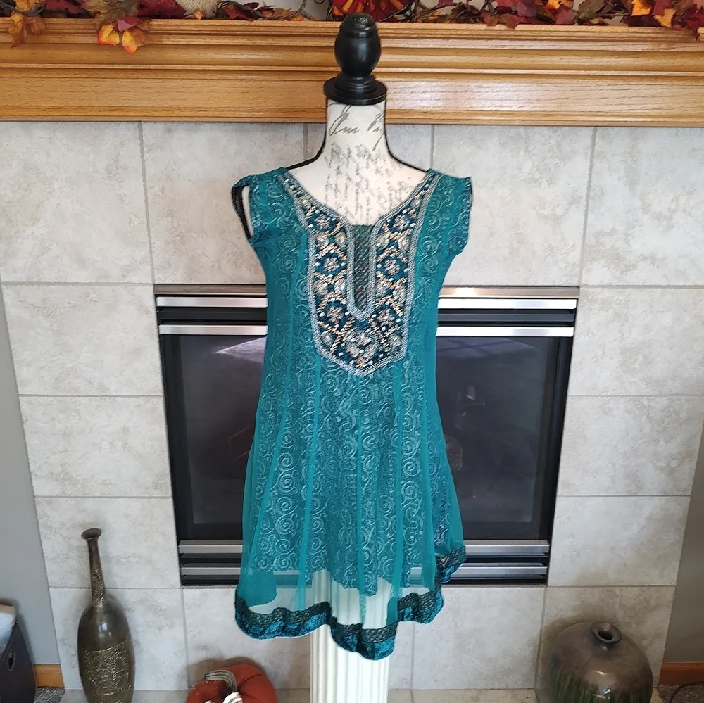 💥3/$20 Darshan Girls Green Beaded Lined Indian Dress Size 30 or Costume!
